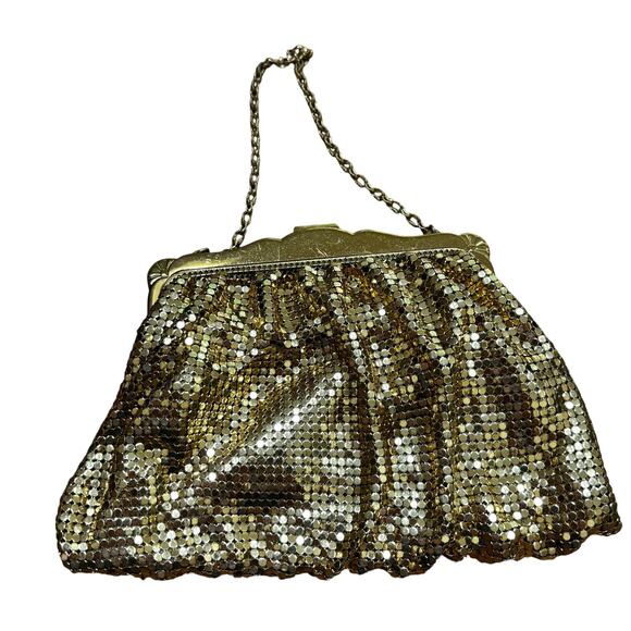Vintage Whiting & Davis gold mesh evening bag top handle clutch rhinestone clasp - Picture 5 of 13